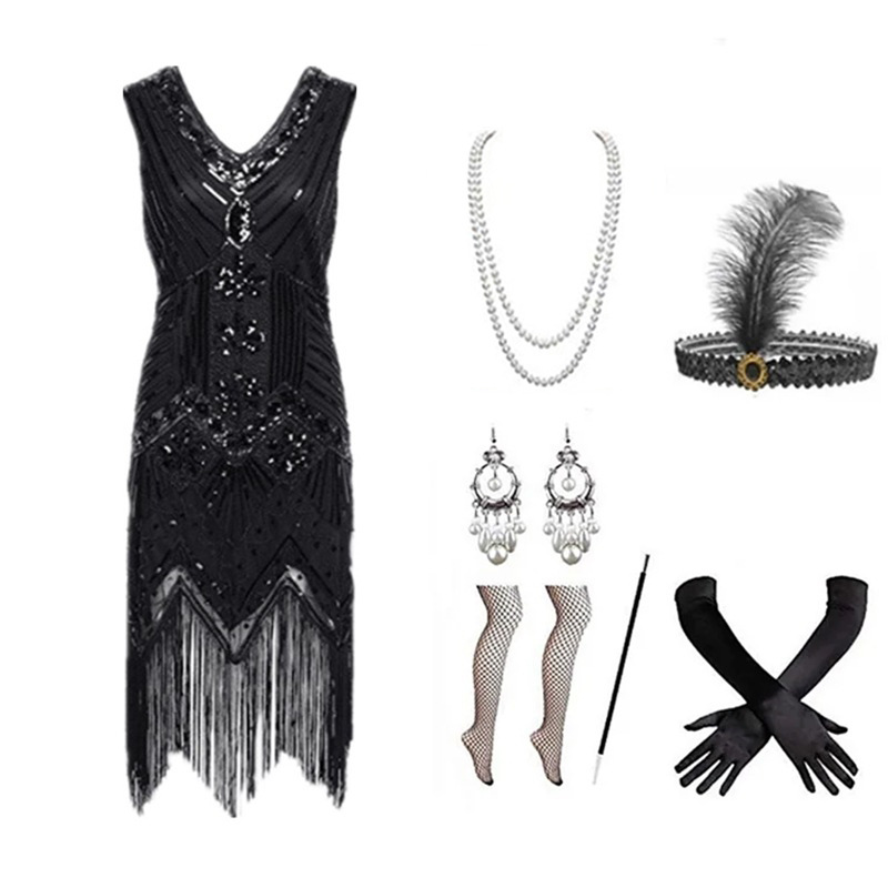 Vintage Slip Dress - Set Gaun Flapper Wanita Era 1920-an,