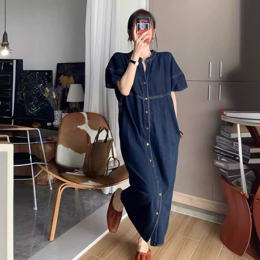 Gaun Denim Panjang Longgar Vin - French Vintage Fashion ulasan dan harga